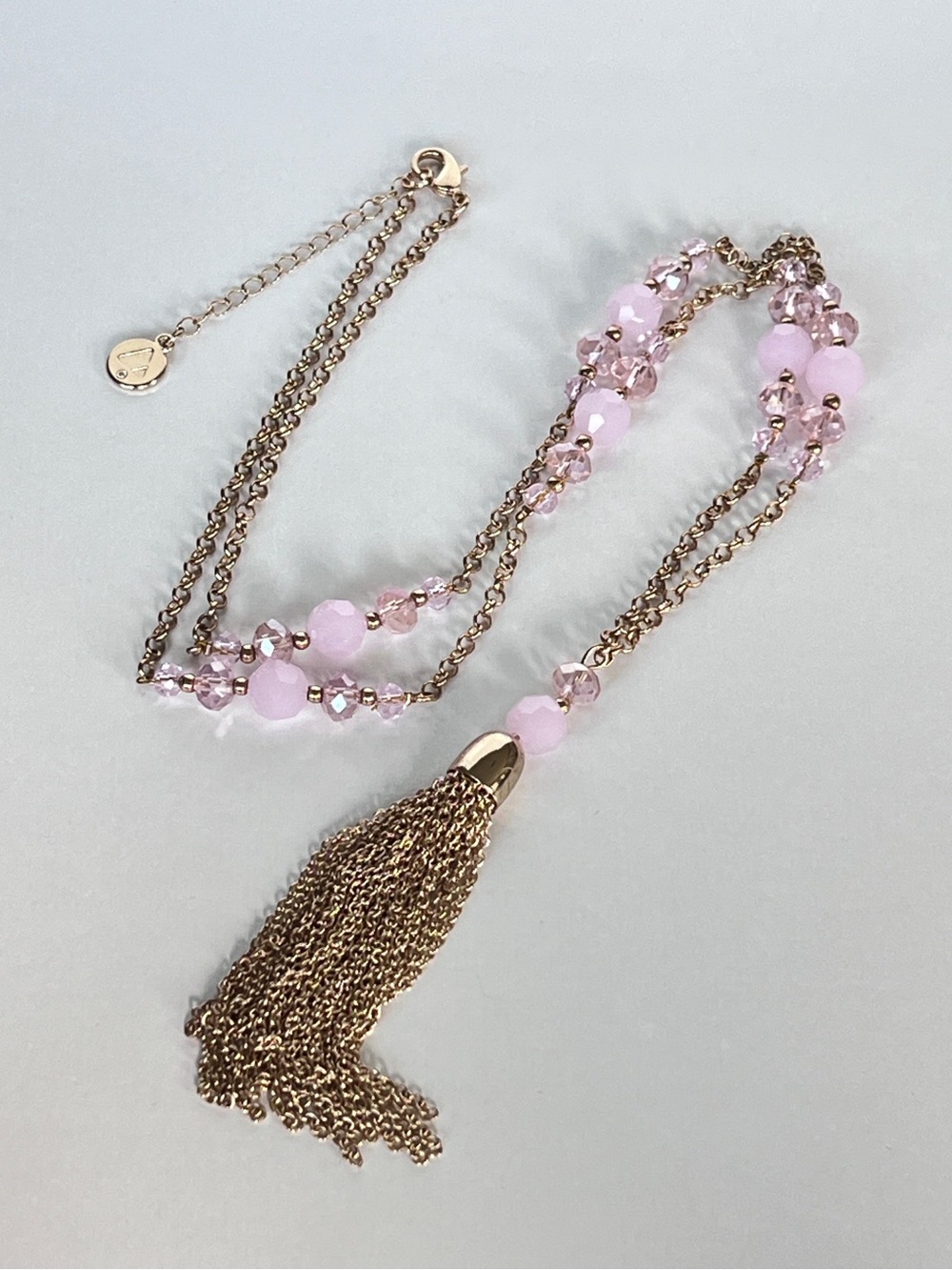Retro Long Station Flapper-Style Necklace Gold Tone Tassel Faceted Pink Bead